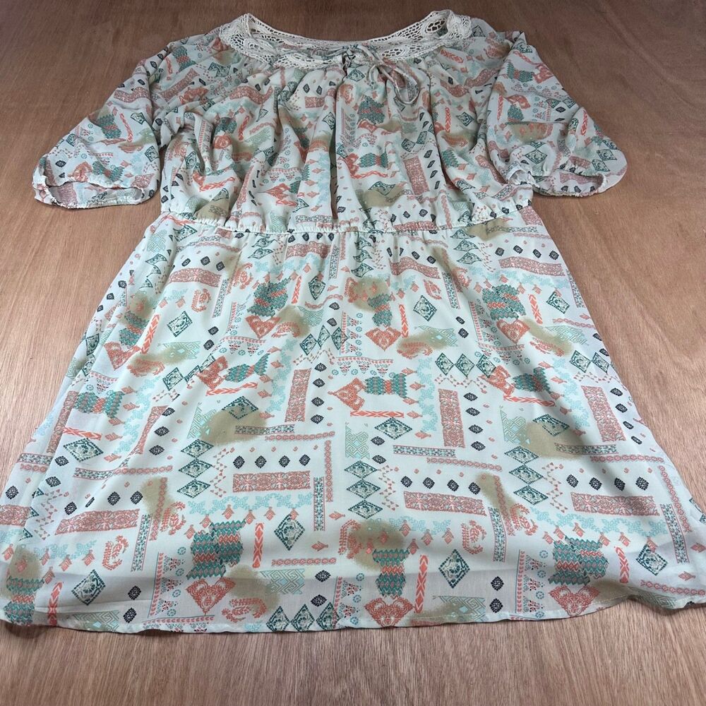 Heart N Crush Plus 1X Boho Peasant Dress Crochet Neckline Multicolor Pattern